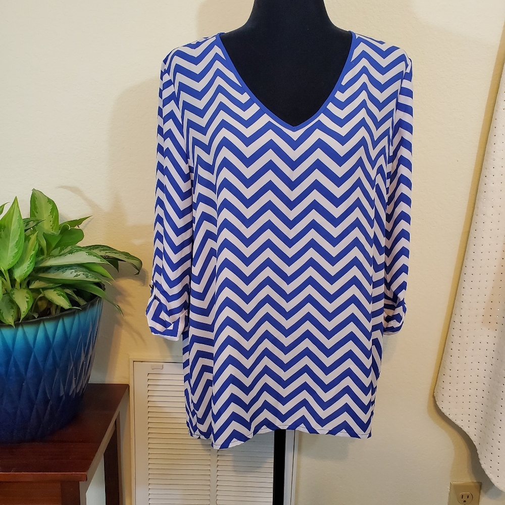 KIARA Women's Chevron Blouse ROYAL BLUE & WHITE,  LARGE